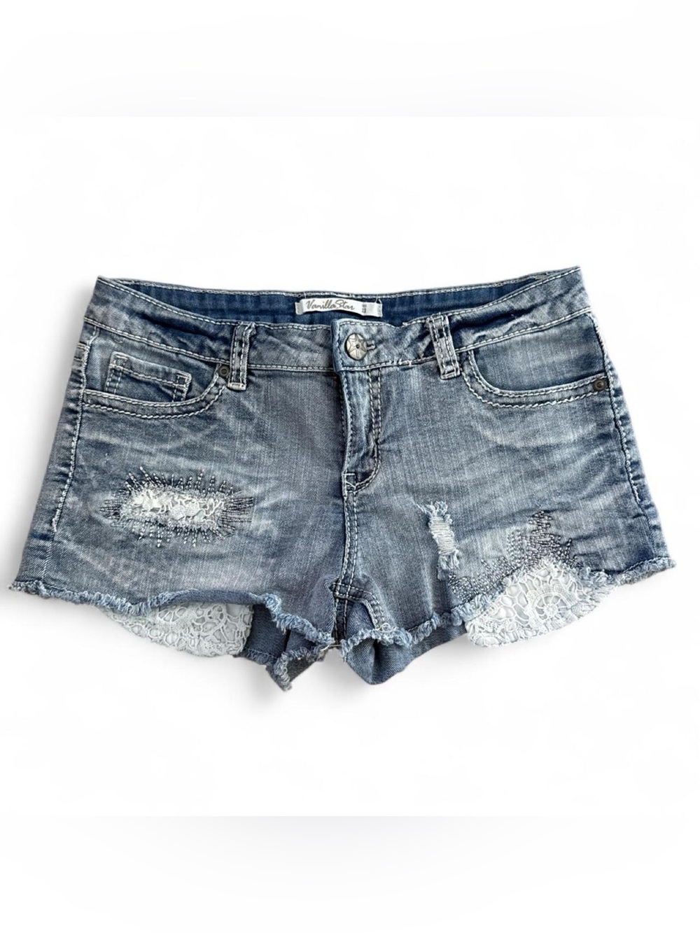 Vanilla Star Lace-Trim Distressed Denim Shorts - Light Wash Blue